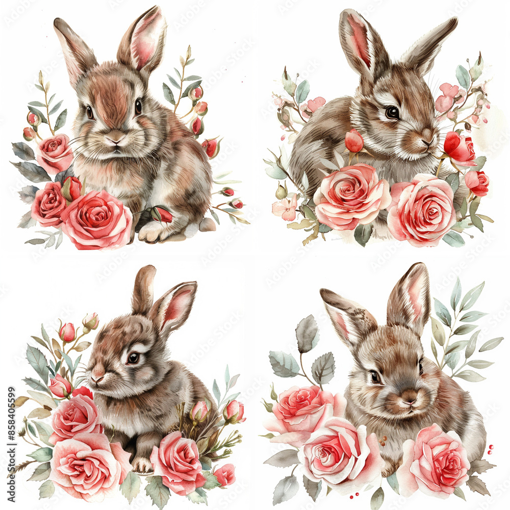 Fototapeta premium Set of rabbits with a beautiful flowers inside on a white background 