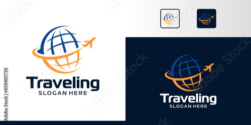 Travel Logo Design. Abstract globe with airplane logo design graphic symbol icon vector