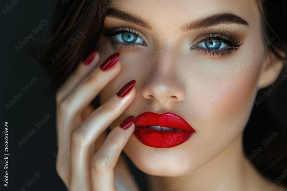Manicure with Red Nail Polish on Beautiful Brunette. Evening Bright Makeup and Cosmetics Manicure with Red Nail Polish on Beautiful Brunette. Evening Bright Makeup and Cosmetics