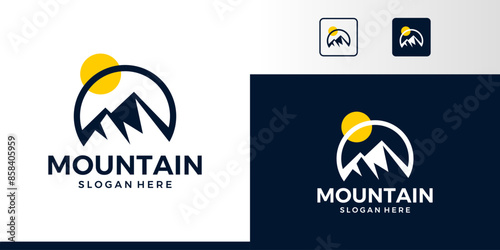 Mountain peak logo design with sun design graphic symbol icon vector