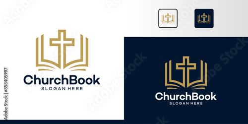 Book logo design with church cross graphic symbol icon vector