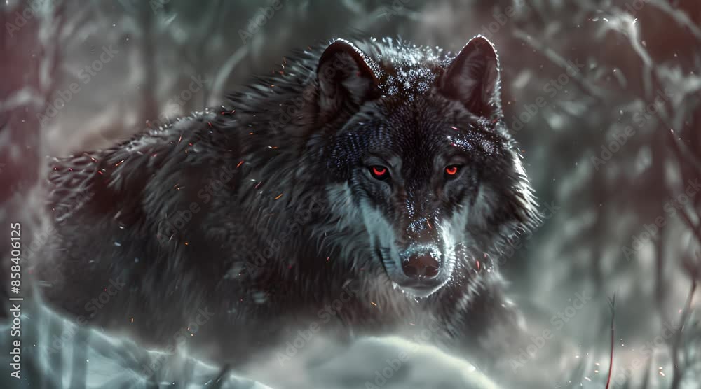 intense redeyed canis lupus wolf in the snowy wilderness, displaying its powerful and enigmatic gaze in a chilling and haunting winter forest intense redeyed canis lupus wolf in the snowy wilderness, displaying its powerful and enigmatic gaze in a chilling and haunting winter forest