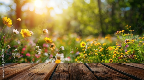 a close up of a rustic empty wooden table with blurred wild spring flowers field background photo
