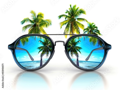 Palm Tree Sunglasses. Trendy Summer Goggles with Palm Tree Reflections © Serhii