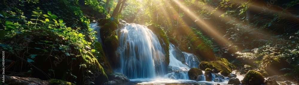 Serene waterfall cascading amidst lush forest canopy bathed in sunlight Serene waterfall cascading amidst lush forest canopy bathed in sunlight