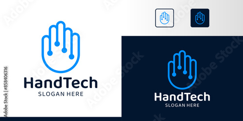 Abstract hand logo design with abstract digital technology connection graphic design symbol icon vector