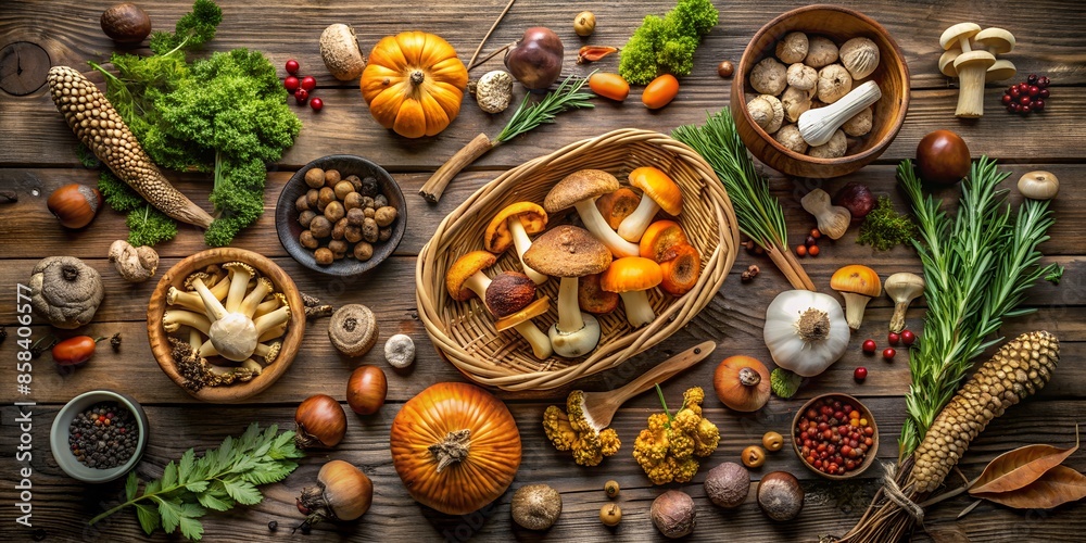 Knolling freshly picked wild mushrooms with wild berries, food and cuisine ingredients on an expensive dark wood tabletop. The concept of healthy and tasty food. Background for menu, invitation, card Knolling freshly picked wild mushrooms with wild berries, food and cuisine ingredients on an expensive dark wood tabletop. The concept of healthy and tasty food. Background for menu, invitation, card