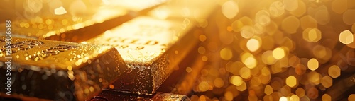 Stacked gold ingots with bokeh, gold bullion in bank vault, close-up image of high-quality gold bars on black and golden surfaces.