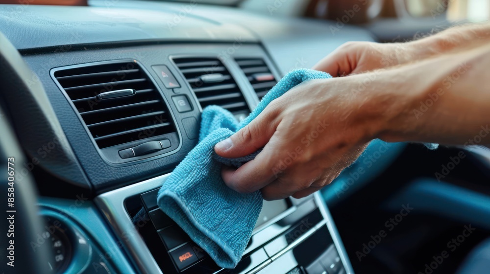 A close-up shot of hands wiping down car dashboard and console with a microfiber cloth, against a clean backdrop suitable for highlighting car cleaning essentials