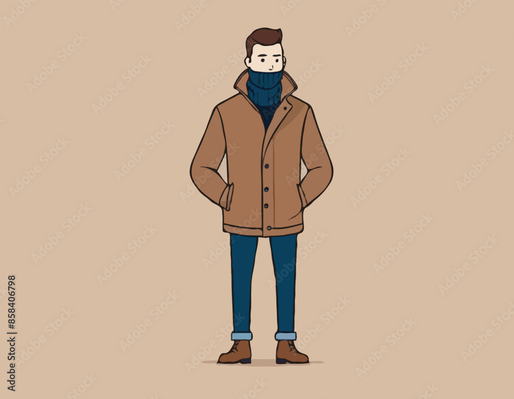 Fototapeta premium Character with Coffee Wears Cozy Layers, Like Turtleneck Shirt, Jacket, Paired With Jeans Or Chinos And Stylish Boots 