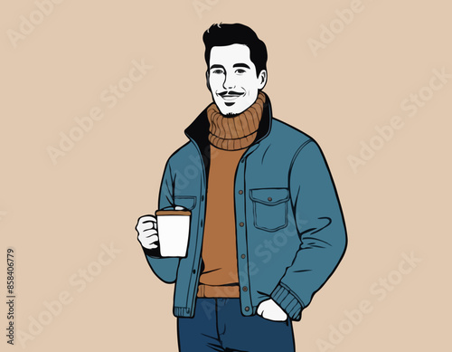 Character with Coffee Wears Cozy Layers, Like Turtleneck Shirt, Jacket, Paired With Jeans Or Chinos And Stylish Boots
