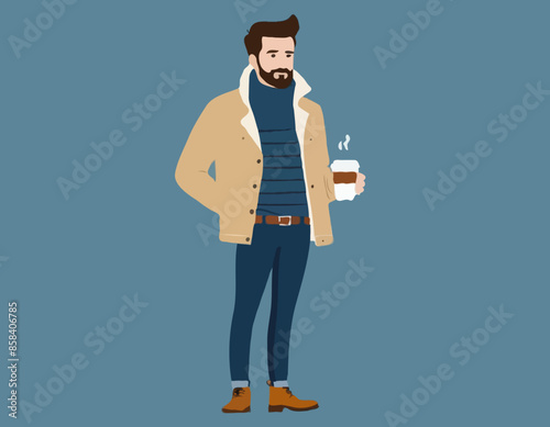 Character with Coffee Wears Cozy Layers, Like Turtleneck Shirt, Jacket, Paired With Jeans Or Chinos And Stylish Boots

