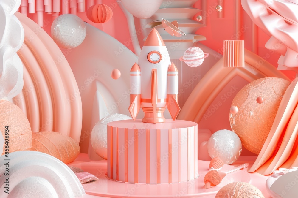 Fototapeta premium Pastel Dreamscape With a Rocket Ship