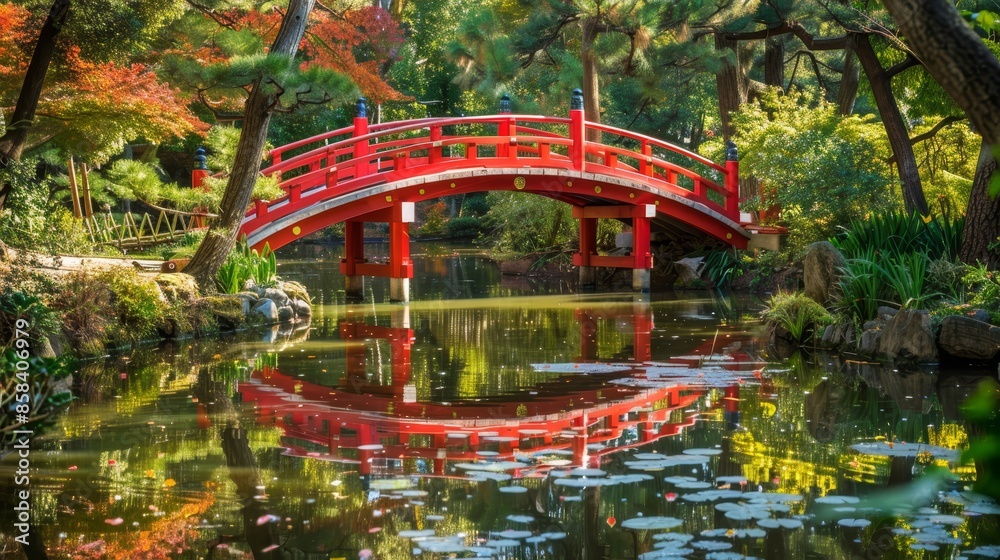 Tranquil Japanese garden featuring a vibrant red bridge spanning over crystal-clear pond waters. Tranquil Japanese garden featuring a vibrant red bridge spanning over crystal-clear pond waters.