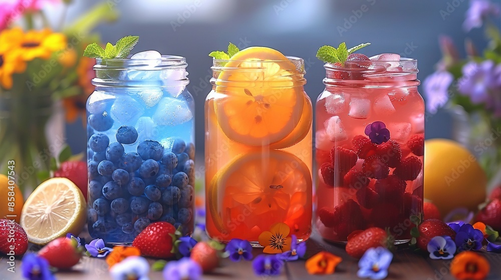 A collection of mason jars brimming with fresh fruits and vegetables adjacent to an assortment of vibrant blooms and lemon slices A collection of mason jars brimming with fresh fruits and vegetables adjacent to an assortment of vibrant blooms and lemon slices