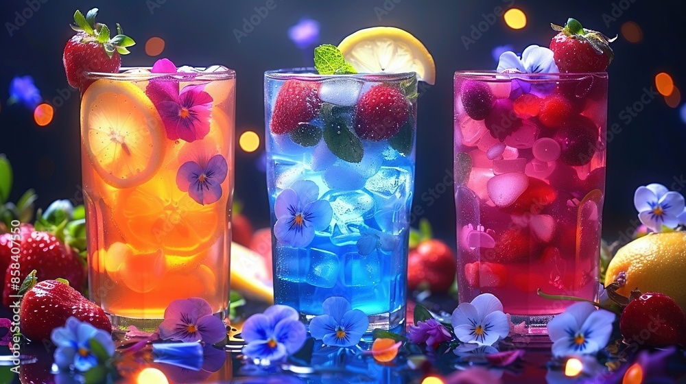 Obraz premium A set of three glassess holding distinct beverages beside lemons, strawberries and blueberries