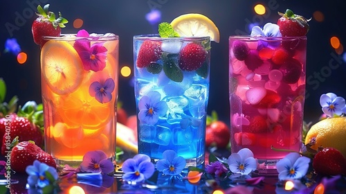   A set of three glassess holding distinct beverages beside lemons, strawberries and blueberries photo