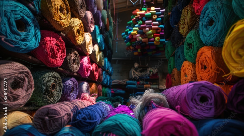 A warehouse full of colorful yarn. Generate AI image A warehouse full of colorful yarn. Generate AI image