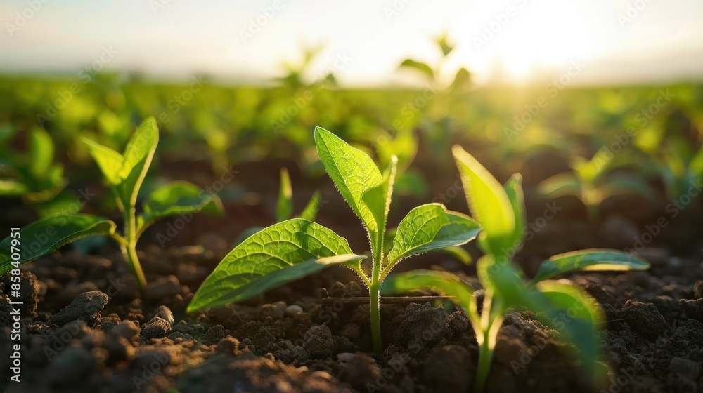 Young crop plants reaching for the sun in a field at sunset Young crop plants reaching for the sun in a field at sunset