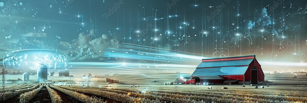 farm with a barn and digital data in the sky for smart farming and ...