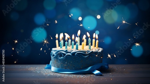 Delicious birthday cake with lit candles on blue background

