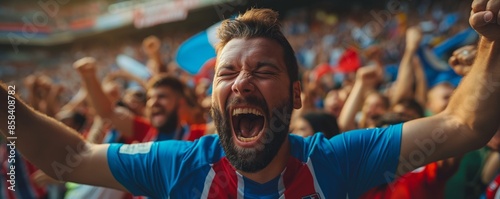 A passionate fan in blue and red is seen screaming energetically from the stadium seats with a background of excited crowd, showcasing raw emotions and support for their team.