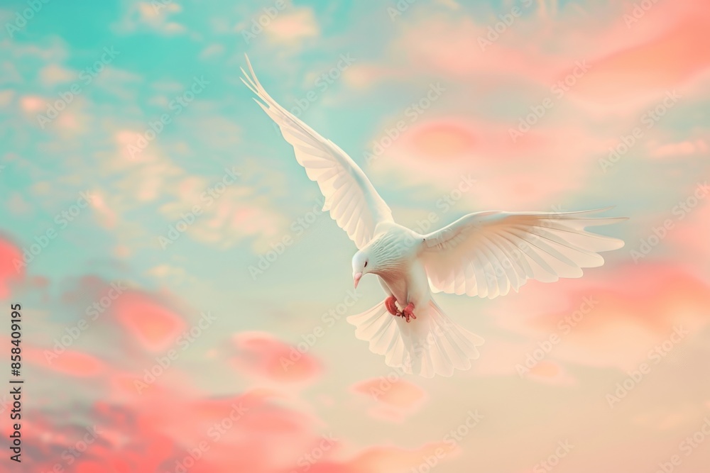 Fototapeta premium A white bird soars through a cloudy sky with scattered clouds and blue background