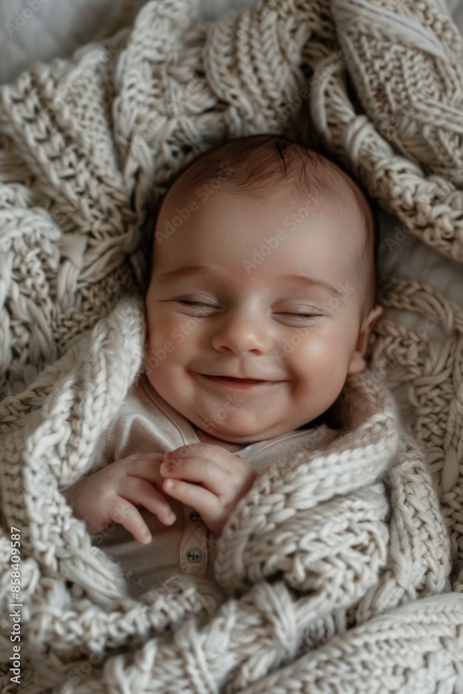 A smiling baby wrapped in a blanket on a bed, suitable for use as a prop or addition to a nursery scene A smiling baby wrapped in a blanket on a bed, suitable for use as a prop or addition to a nursery scene