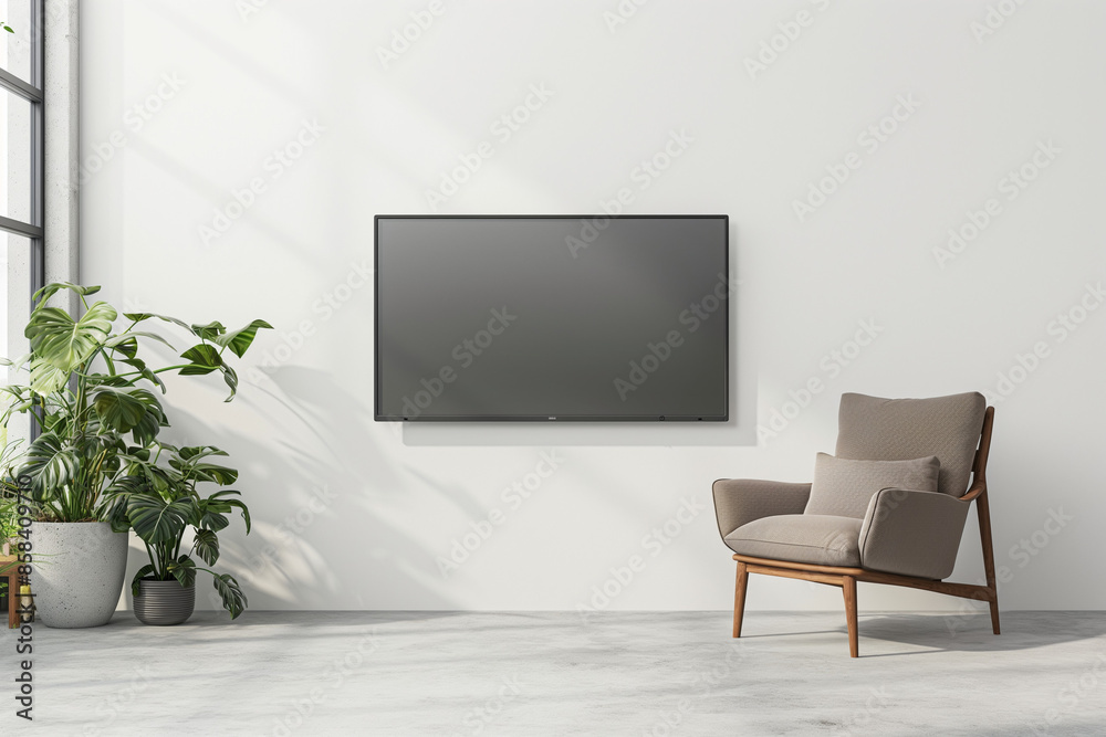 modern living room with sofa,Mockup of a TV wall-mounted with an armchair in a living room featuring a white wall, 3D rendering with perfect lighting modern living room with sofa,Mockup of a TV wall-mounted with an armchair in a living room featuring a white wall, 3D rendering with perfect lighting