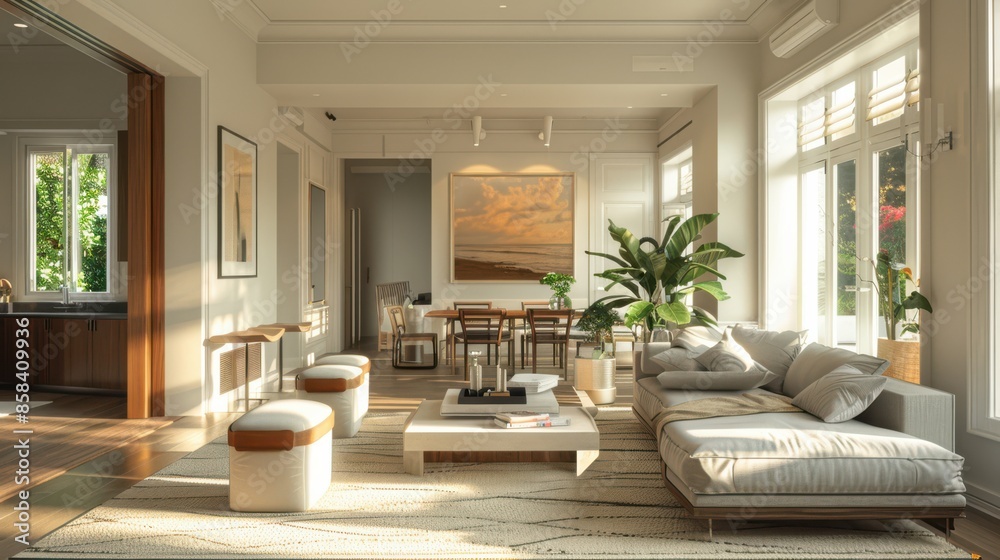 A large living room with a white couch, a coffee table, and a potted plant A large living room with a white couch, a coffee table, and a potted plant
