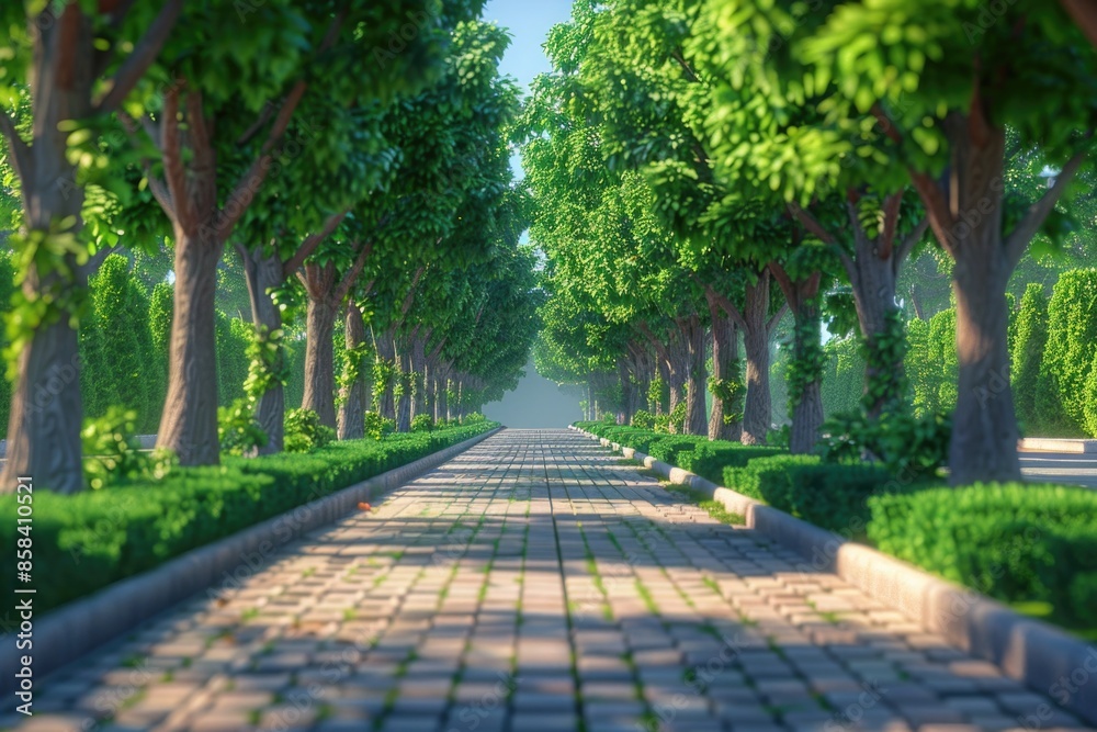 Fototapeta A scenic view of a brick road surrounded by lush greenery, perfect for nature or travel-themed projects