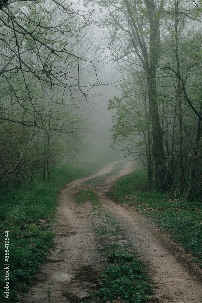 Obraz premium Dirt road surrounded by trees in a dense forest, suitable for outdoor adventure or environmental themes