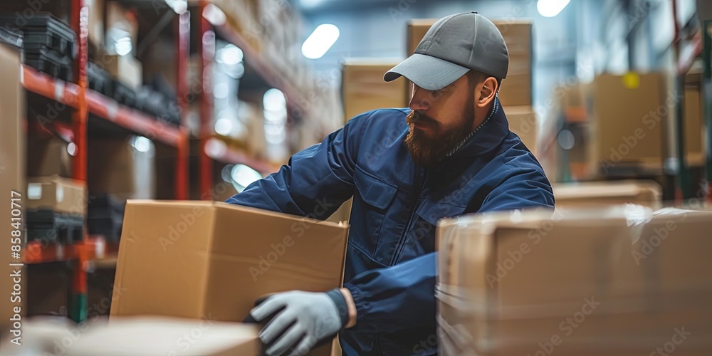 relocation company worker is packing things into boxes for a customer