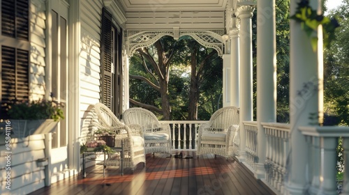 Cozy porch scene with wicker chairs under a tree photo
