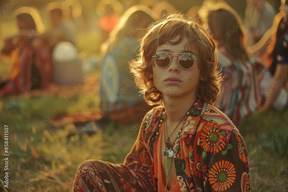 Fototapeta premium A young boy sits in the grass, wearing sunglasses