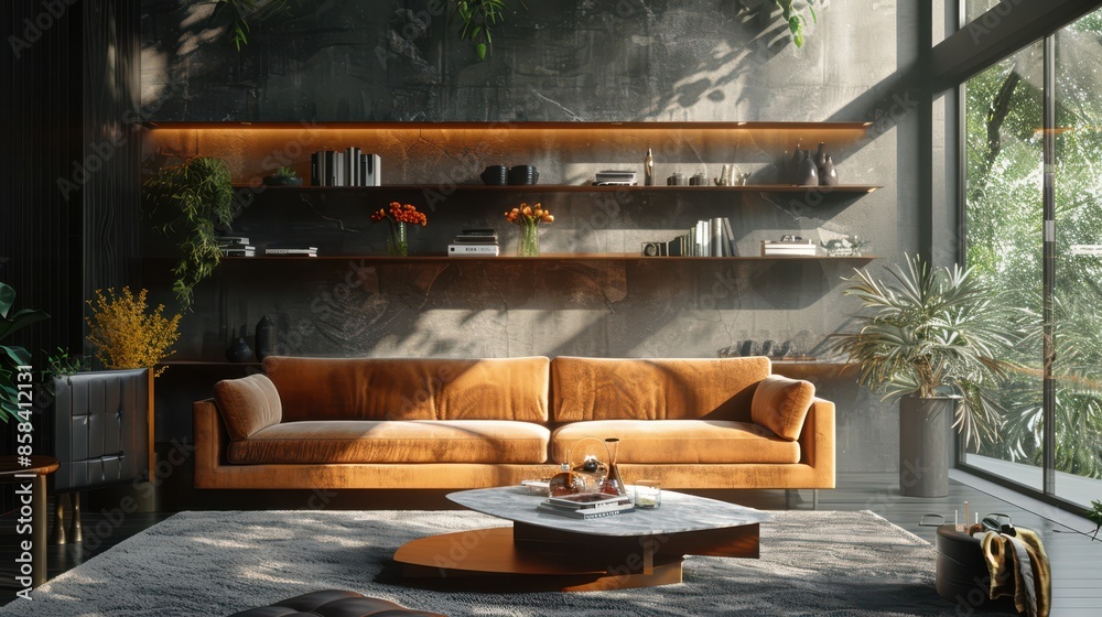 A living room with a couch, coffee table, and potted plants A living room with a couch, coffee table, and potted plants