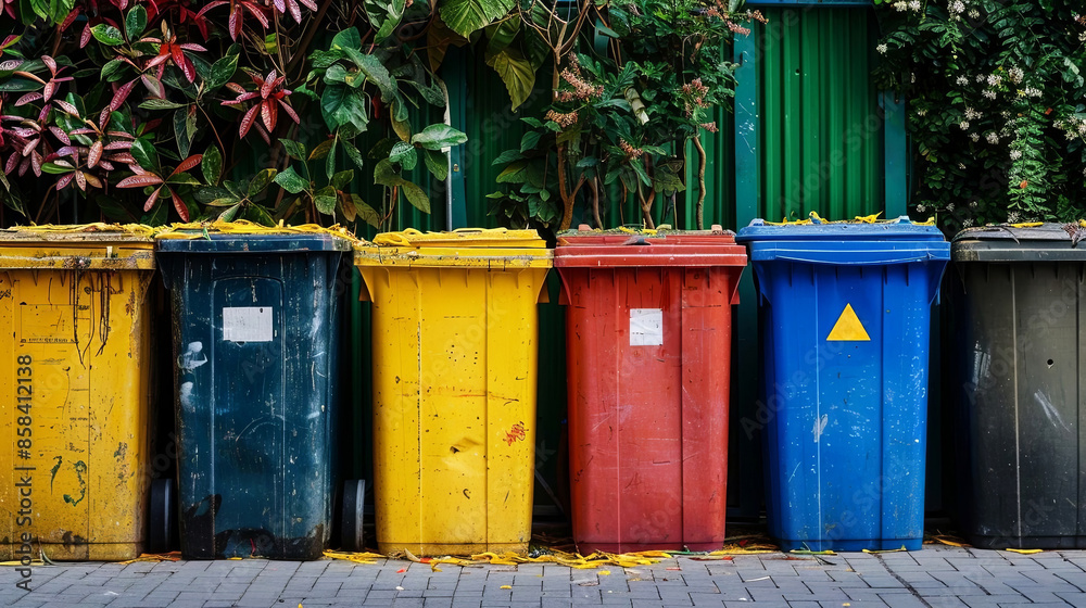 Colorful recycling bins against a lush green backdrop. Perfect combination of sustainability