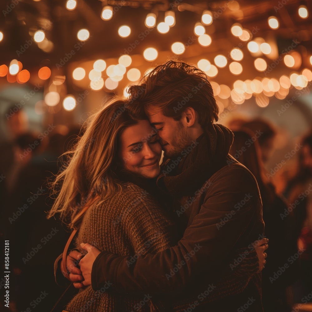 Intimate couple embracing at an evening event with festive lights Intimate couple embracing at an evening event with festive lights