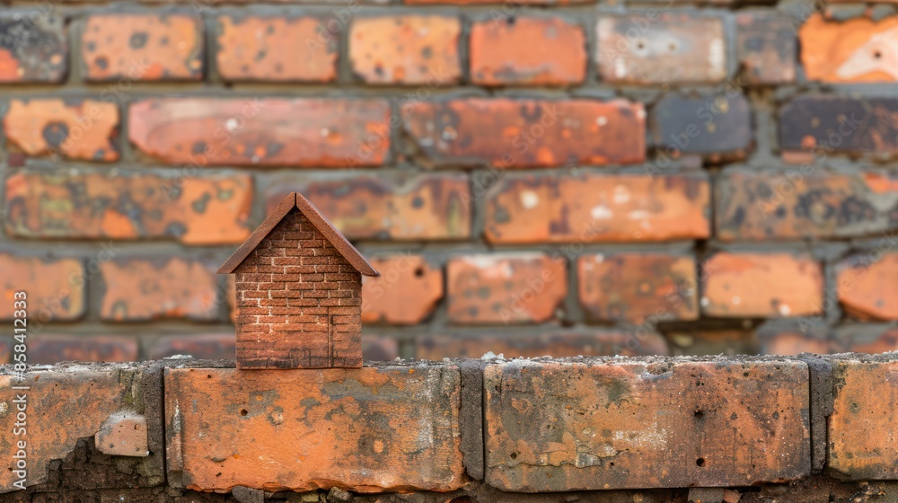 A creative depiction of a brick wall with a small model house nestled within the bricks, against a copy space background perfect for showcasing the craftsmanship and quality of brick construction, A creative depiction of a brick wall with a small model house nestled within the bricks, against a copy space background perfect for showcasing the craftsmanship and quality of brick construction,