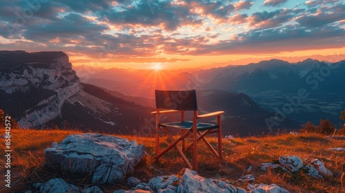 Serene mountain landscape at sunset with a single folding chair
