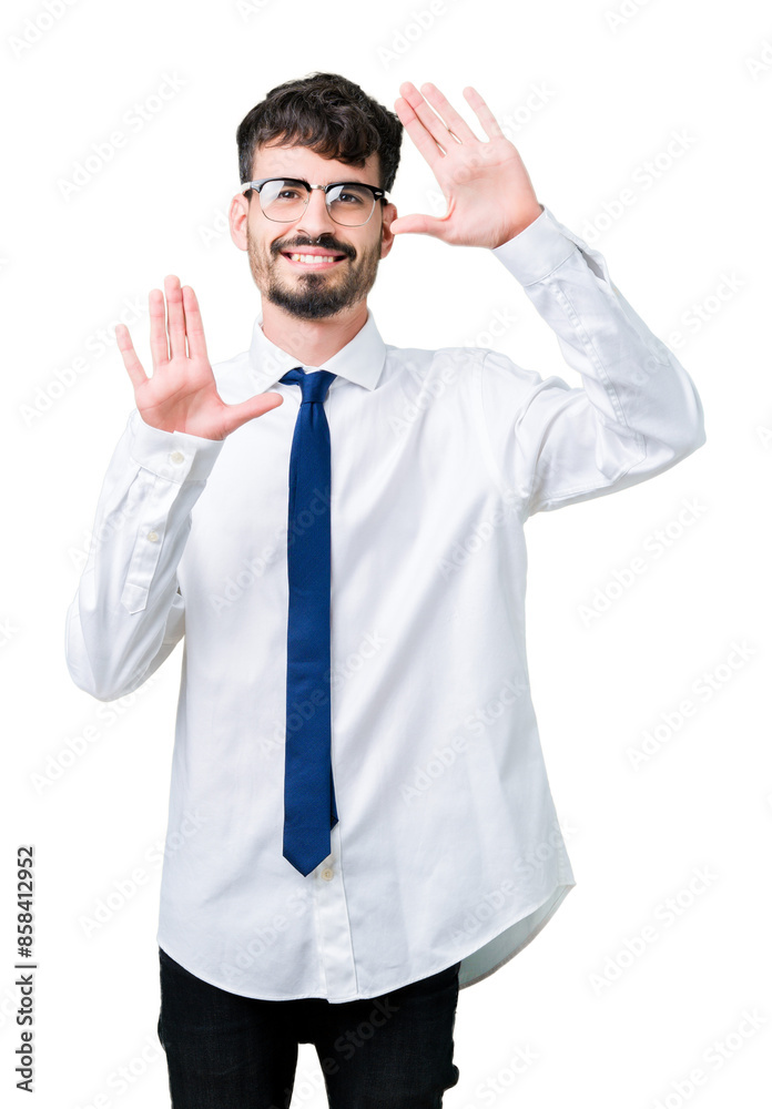 Young handsome business man wearing glasses over isolated background Smiling doing frame using hands palms and fingers, camera perspective Young handsome business man wearing glasses over isolated background Smiling doing frame using hands palms and fingers, camera perspective