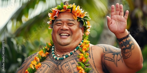 Smiling 42 year old obese Hawaiian male waving photo