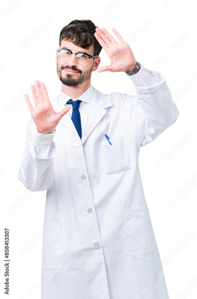 Young professional scientist man wearing white coat over isolated background Smiling doing frame using hands palms and fingers, camera perspective Young professional scientist man wearing white coat over isolated background Smiling doing frame using hands palms and fingers, camera perspective