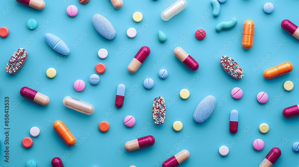 A variety of colorful pills and capsules arranged on a blue background, illustrating different types of medication and supplements. A variety of colorful pills and capsules arranged on a blue background, illustrating different types of medication and supplements.
