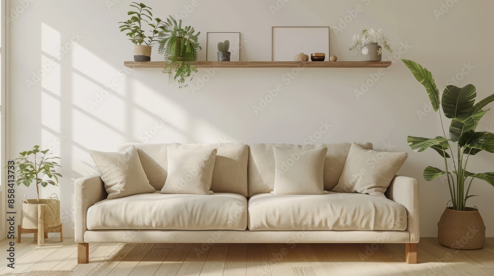 Naklejka premium A white couch with pillows and a plant on a shelf