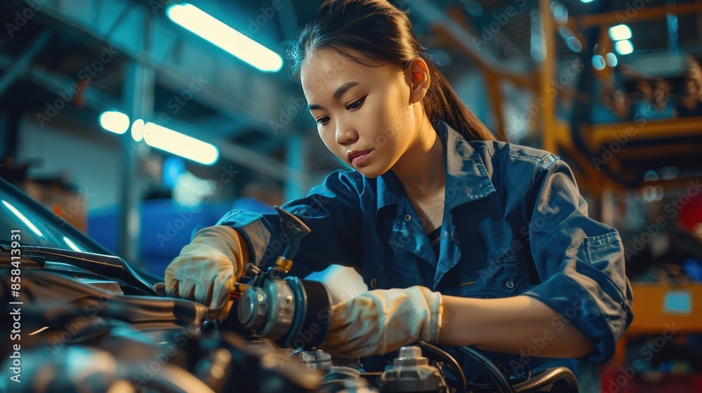 A female mechanic working on installing a car concept innovation, with ample copy space for inserting text or graphics A female mechanic working on installing a car concept innovation, with ample copy space for inserting text or graphics