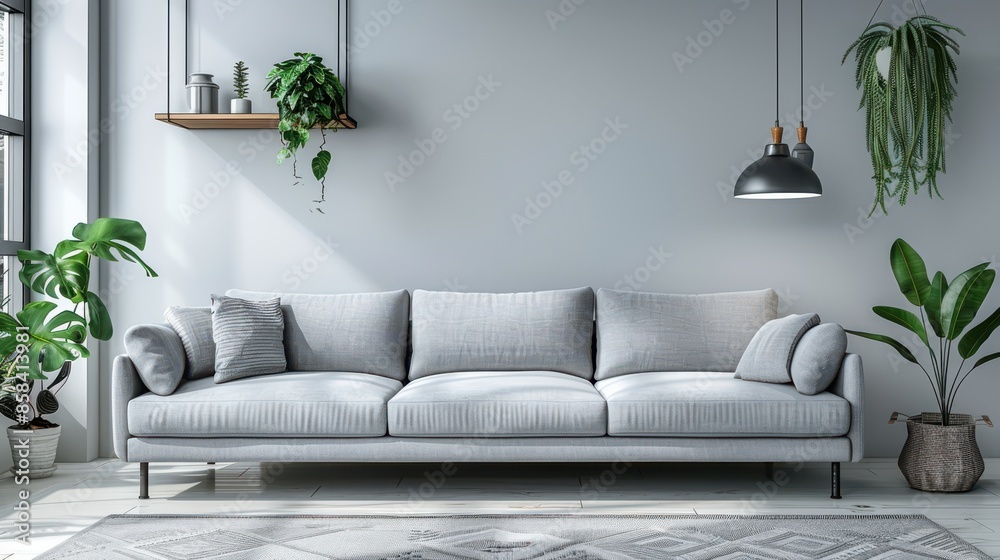 A large gray couch sits in a room with a white wall and a green plant A large gray couch sits in a room with a white wall and a green plant