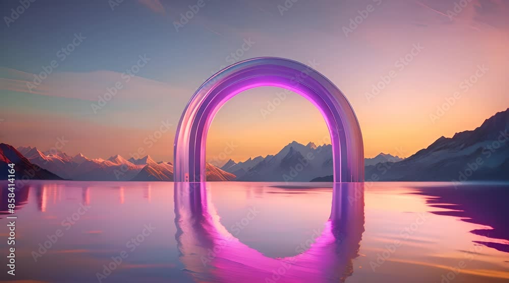 A glowing abstract frame arch with swirling colors, floating above a serene water surface. Shimmering spheres of various sizes hover around the arch. In the background, majestic mountains rise A glowing abstract frame arch with swirling colors, floating above a serene water surface. Shimmering spheres of various sizes hover around the arch. In the background, majestic mountains rise