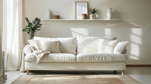 A white couch sits in a room with a white wall and a window