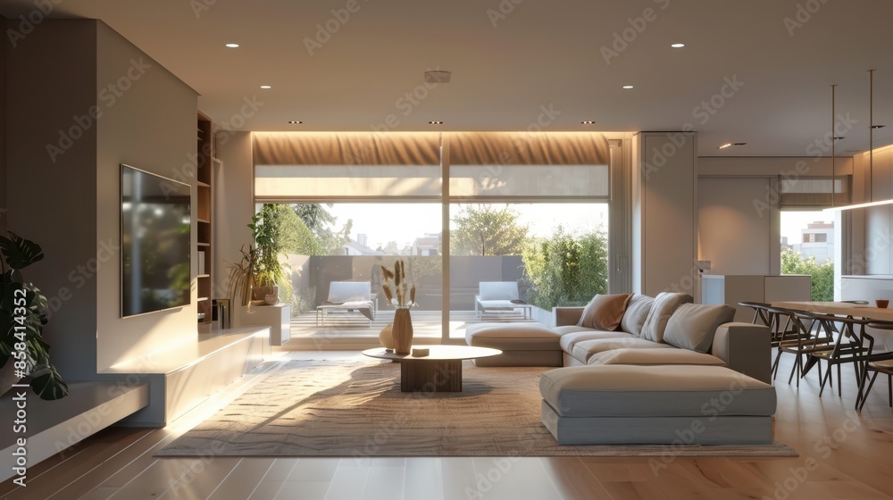 Fototapeta premium A large living room with a white couch, a coffee table, and a TV